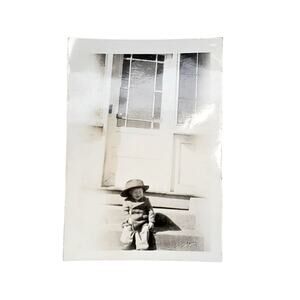 Vtg Cute Infant Posing with Big Hat Monochrome Photography Found Snapshot